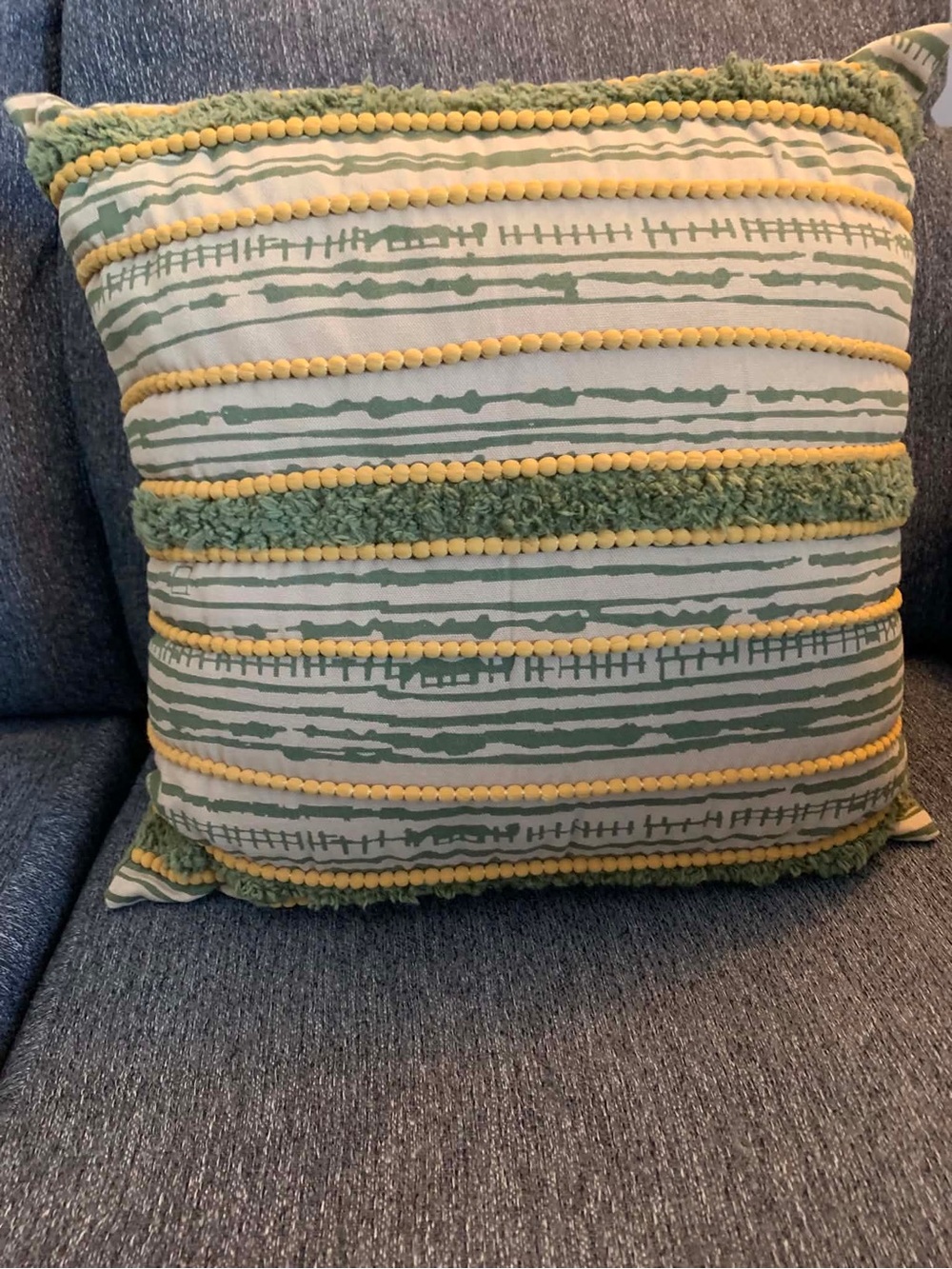 Boho Textured Throw Pillow Green Mustard Cream Pom Pom Trim Zippered Cover